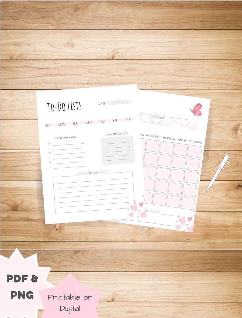 Pink to Do List and Calendar PDF and PNG Printable and Digital Etsy
