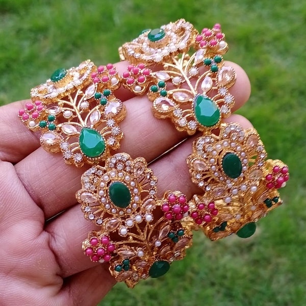 Openable Multi color Stone Nauratan Kara Pair / Indian Pakistani Bridal Shaadi Jewelry Wedding Set/ Sabyasachi Inspirational