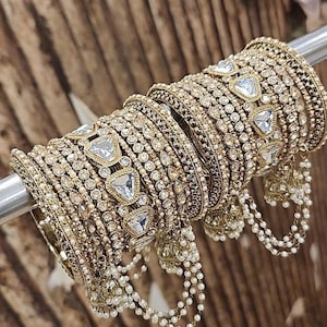 Gold Kundan Bangle Set with Pearl Jhumki | Indian Pakistani Bridal Jewelry | Festive Wear Bangles