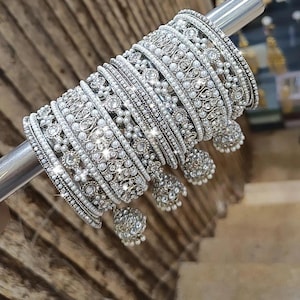 Silver Jhumki Bangle Set | Pearl and Stone Indian Pakistani Bridal