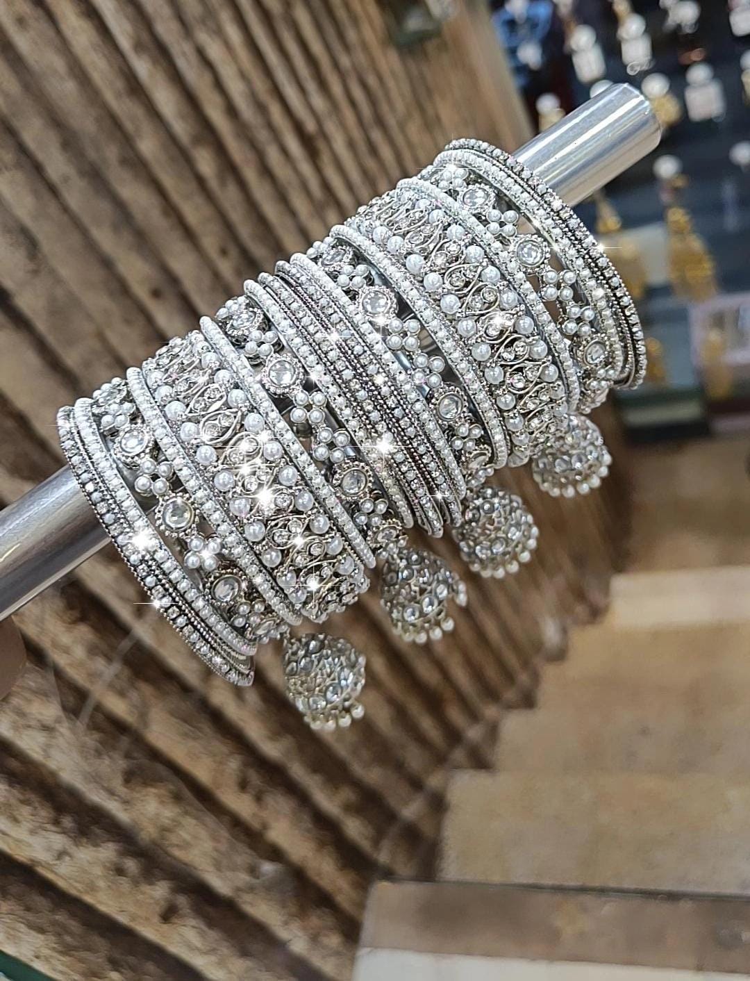 Silver Jhumki Bangle Set | Pearl and Stone Indian Pakistani Bridal