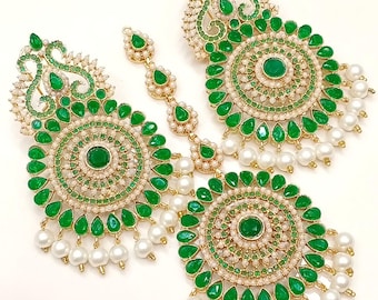 Nauratan Multi Stone Earrings Tikka Set | Pakistani Wedding Jewelry | Indian Ethnic Set | Kundan Pearl Chandbali Maang Tikka Unique Gift