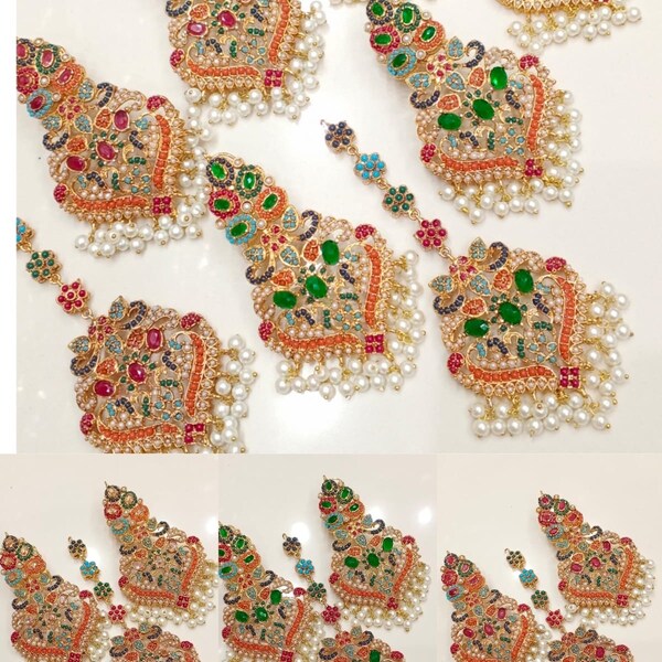 Conjunto de brincos e tikka de qualidade premium Nauratan / Casamento indiano paquistanês Shaadi Jerwelry / Sabyasachi Bollywood /