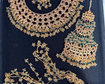 Indian Bridal Jewelry Set | Pakistani Wedding Necklace Earrings Tikka | Gold Plated Emerald Green Stones