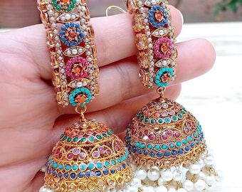 Nauratan Oversized  Pearl Jhumkas /Indian Pakistani  Wedding Bridal Jewelry/