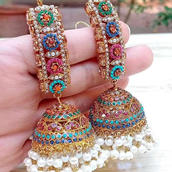 Brincos Jhumka Nauratan Oversized com Pérolas | Joias de Noiva para Casamento Indiano e Paquistanês | Brincos Multicoloridos em Estilo Kundan | Brincos Jhumka Marcantes