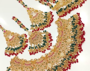Bridal Heavy Jewelry | Indian Pakistani Wedding | Gold Plated Red Green Beads | Complete Shaadi Set