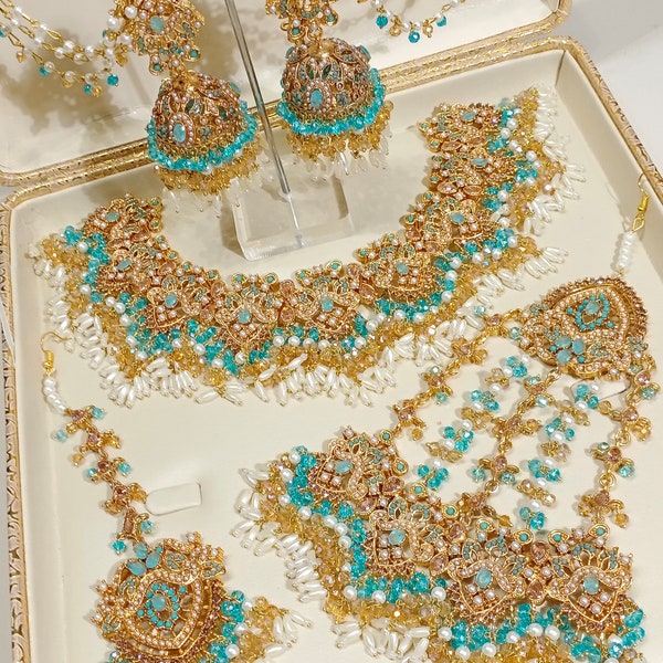 Bridal Heavy Nauratan Gold Plated Complete Set / Indian Pakistani Bridal Shaadi Jewelry/ Bollywood Wedding