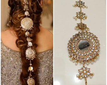 Hair paranda, kundan jewelry, indian jewelry, pakistani jewelry, fashion jewelry, hair accessories, braid accessories, mirror jewelry.