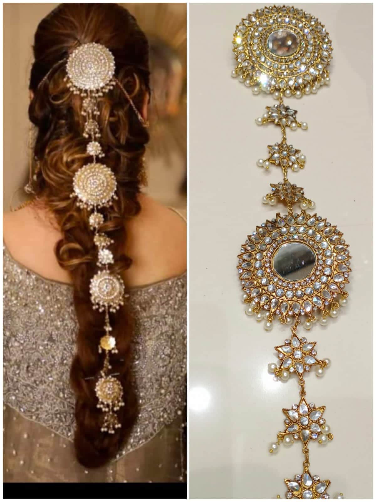 Hair paranda, kundan jewelry, indian jewelry, pakistani jewelry, fashion jewelry, hair accessories, braid accessories, mirror jewelry.
