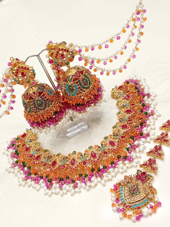 Nauratan Bridal Set | Multicolour Kundan Polki Jewelry | Pakistani Indian Wedding Necklace Jhumka Earrings