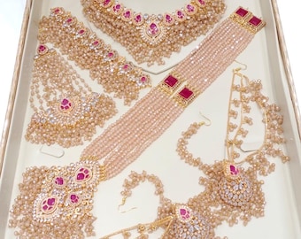 Pakistani Indian Bridal Jewelry Set | Gold Plated Magenta Kundan Choker Earrings Tikka Jhumar
