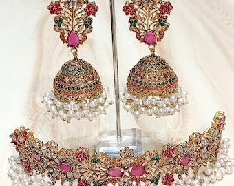 Nauratan Gold Plated Jumka choker set with oversized Jhumkas / Pakistani Indian jewelry set/ Pakistani bridal/party wear set