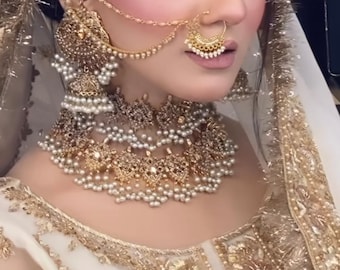 Parure de bijoux de mariée indienne pakistanaise - Collier plaqué or Boucles d'oreilles Tikka - Bijoux de mariage - Parure de mariée sud-asiatique - Inspiré de Kundan