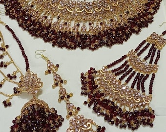 Pakistani Bridal Jewelry Set | Maroon Gold Plated Wedding Necklace, Earrings, Tikka, Jhoomar