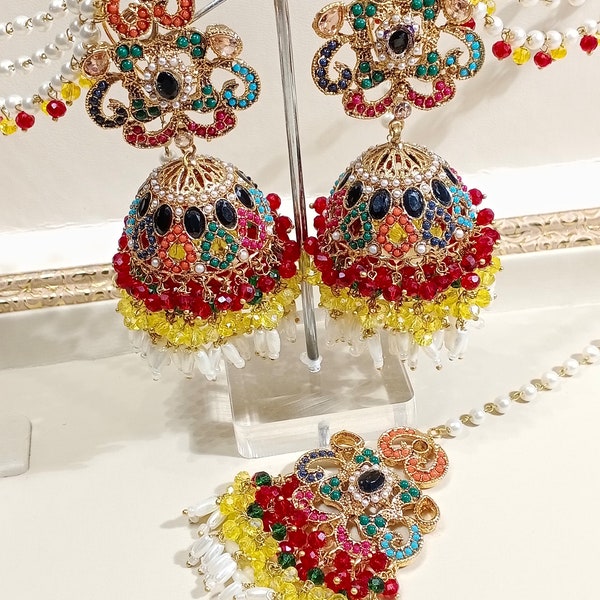 Nauratan Multi Stone Earrings Tikka set/ Pakistani Jewelry/Pakistani wedding jewelry