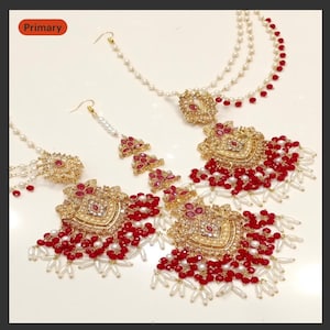 Nauratan Choker Set | Indian Bridal Jewelry with Earrings and Tikka | Pakistani Wedding Party Wear | Gold Red Pearl Traditional image 2