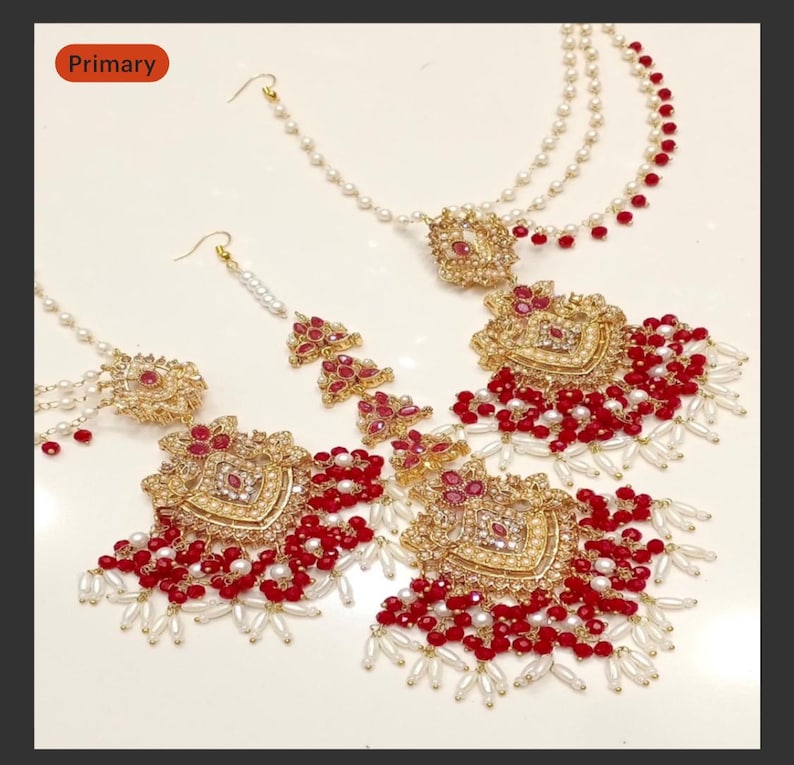 Nauratan Choker Set | Indian Bridal Jewelry with Earrings and Tikka | Pakistani Wedding Party Wear | Gold Red Pearl Traditional image 2