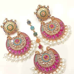 Nauratan Premium Quality Earrings-and Tikka set / Indian Pakistani Shaadi Jerwelry Wedding/ Sabyasachi Bollywood/