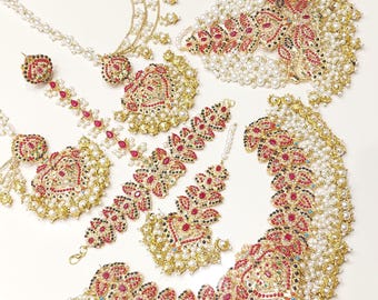 Bridal Nauratan Jewelry Set | Gold Plated Pakistani Indian Wedding Jewellery | Ruby Emerald Pearl Choker