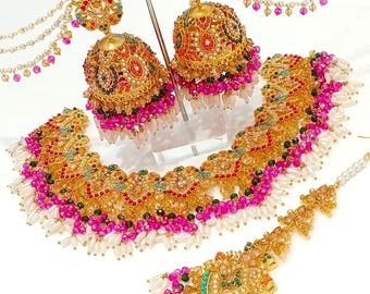 Indian Pakistani Bridal Jewelry Set | Gold Plated Necklace Earrings Tikka Jhoomar | Wedding Jewelry