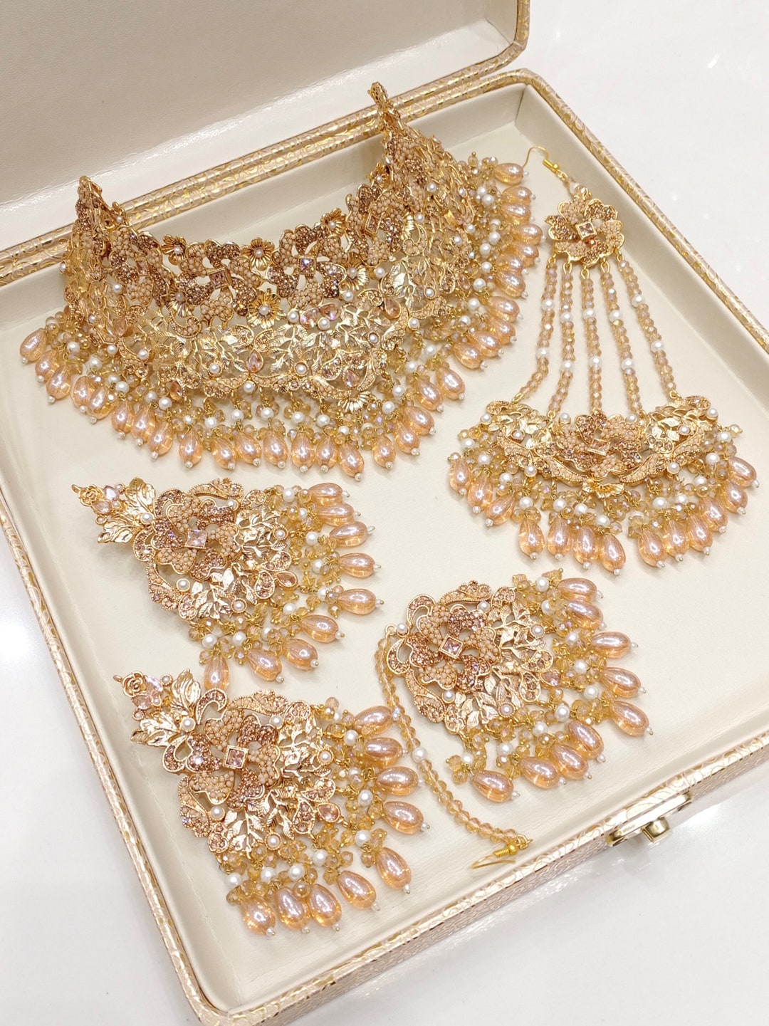 Indian Pakistani Bengali Bridal Jewellery Choker Mala Earrings Tikka Jhummar Set