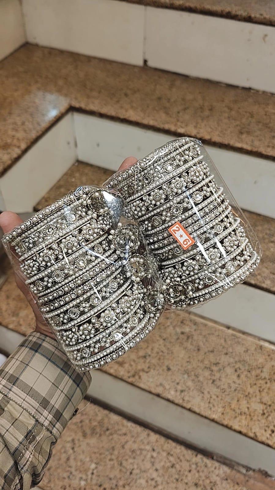 Silver Jhumki Bangle Set | Pearl and Stone Indian Pakistani Bridal