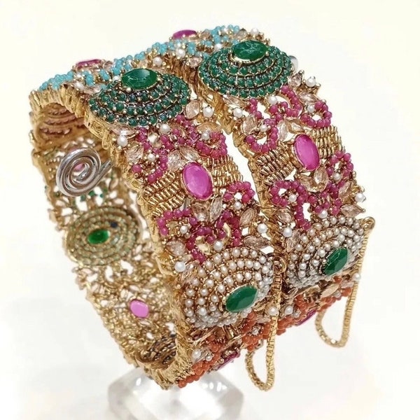 Openable Nauratan Bangles Pair | Indian Pakistani Bridal Wedding Jewelry | Multi-Color Stone Pearl Bangles