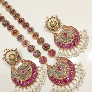 Nauratan Gold Plated Mala Set/ PartyWear Complete Set / Indian Pakistani Bridal Shaadi Jewelry/ Sabyasachi Bollywood/ Pakistani Jewelry