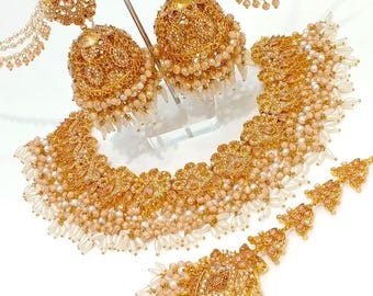 Heavy Bridal Nauratan Gold Plated Jewelry Set | Pakistani Indian Wedding Necklace Earrings Tikka