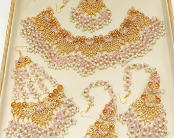 Pink & White Beaded Gold Plated Indian Bridal Jewelry Set