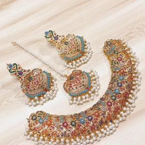 Nauratan Gold Plated  Set/ PartyWear Complete Set / Indian Pakistani Bridal Shaadi Jewelry/ Sabyasachi Bollywood/ Pakistani Jewelry