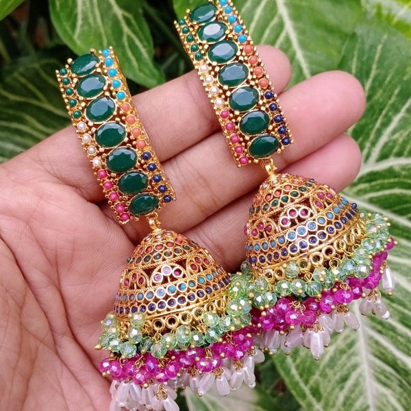 Nauratan Oversized  Pearl Jhumkas /Indian Pakistani  Wedding Bridal Jewelry/