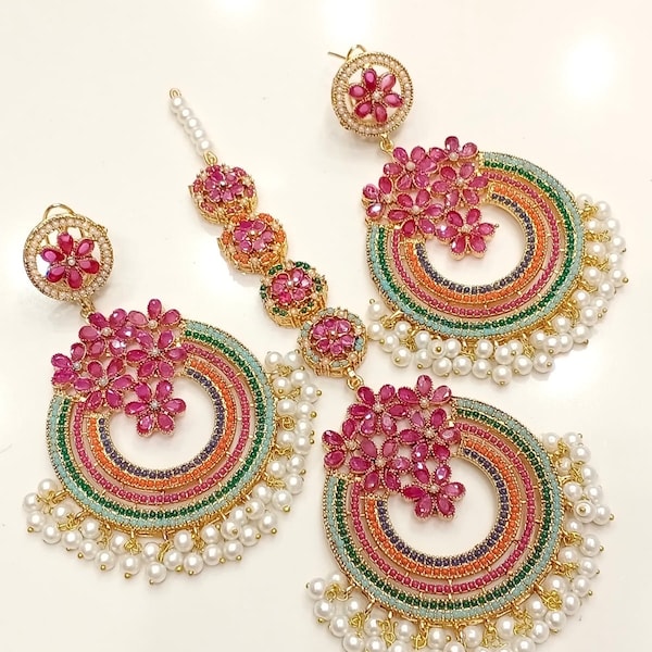 Nauratan Multi Stone Earrings Tikka set/ Pakistani Jewelry/Pakistani wedding jewelry