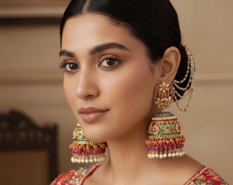 Jhumkas de perlas de gran tamaño de Nauratan / Joyería nupcial de boda india pakistaní / Pendientes estilo Bollywood