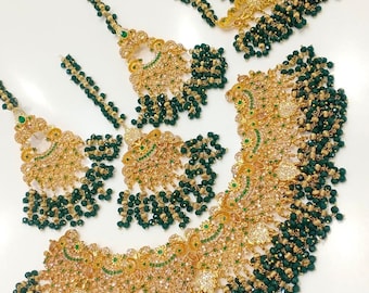 Pakistani Indian Bridal Jewelry Set | Green Gold Plated Necklace Earrings Tikka Jhoomar | Wedding Jewellery
