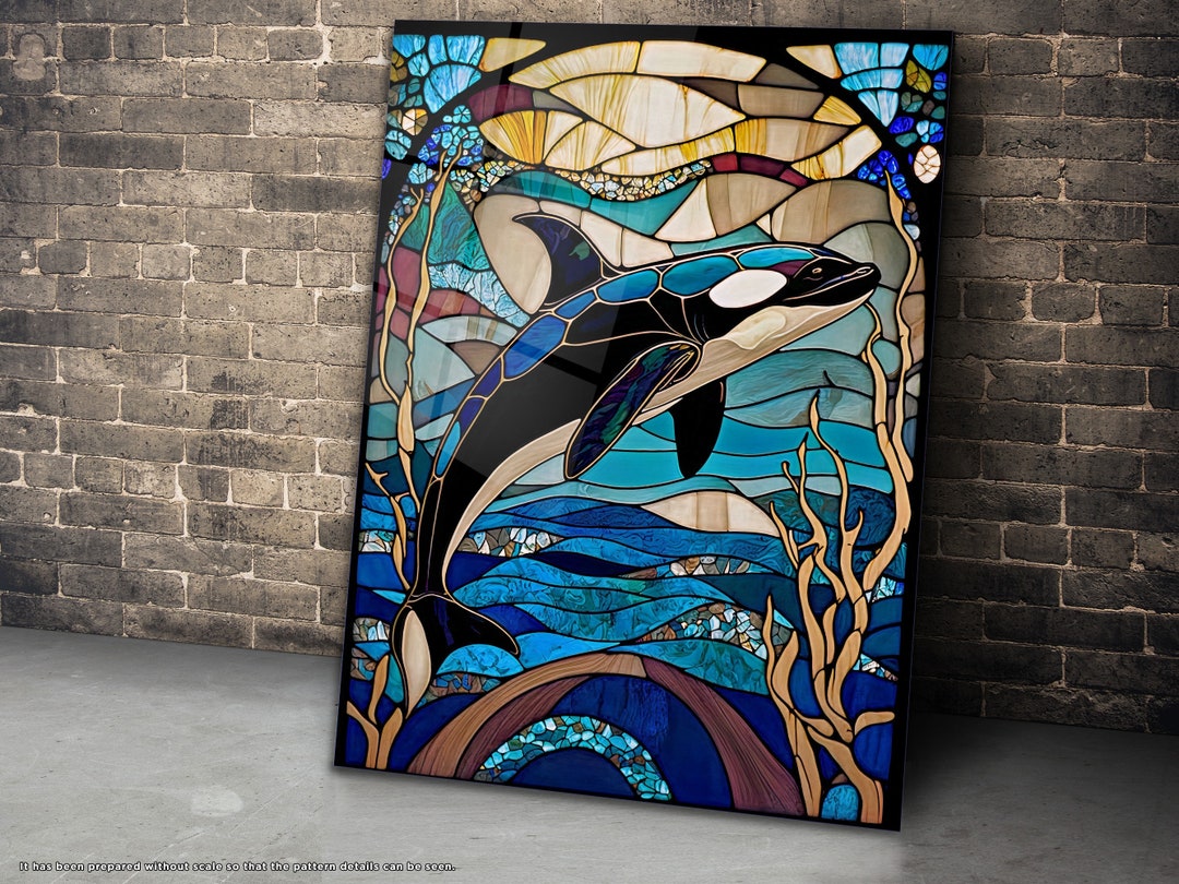 Orca Stained Glass Painting Wall Art, Sea Life Pattern, Glass Wall