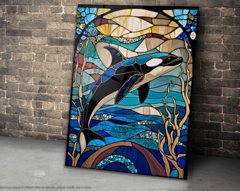 Orca Stained Glass Painting Wall Art, Sea Life Pattern, Glass Wall Hangings, Home Office Glass Wall Art, Tempered Glass Art, Large Wall Art