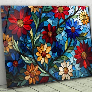 Stained Glass Decor, Stained Flower Glass Art, Large Glass Wall Art, Tempered Glass Panel, Glass Printing , Mega Size, Gift for Her