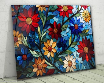 Floral Stained Glass Art: Tempered Glass Panel, Mega Size