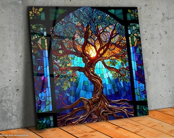 Art Deco Panel-Stepmom Gift-Stained Glass Painting-Life of Tree-Glass Wall Art-Large Wall Art-Wall Hangings-Office Wall Decor-Tempered Glass