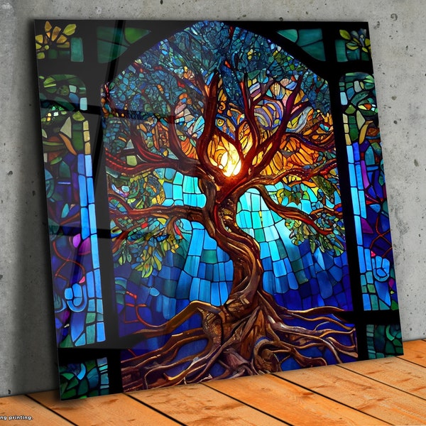Art Deco Panel-Stepmom Gift-Stained Glass Painting-Life of Tree-Glass Wall Art-Large Wall Art-Wall Hangings-Office Wall Decor-Tempered Glass