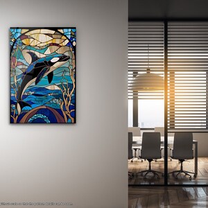 Orca Stained Glass Painting Wall Art, Sea Life Pattern, Glass Wall