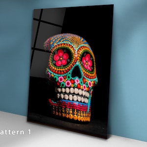 Sugar Calavera Skull Glass Art: Mexican Dia de Muertos Wall Decor