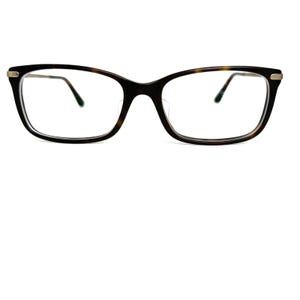 May include: Eyeglasses with a dark brown, tortoiseshell pattern frame. The rectangular lenses are clear, and the temples have a gold accent. The glasses are set against a white background.