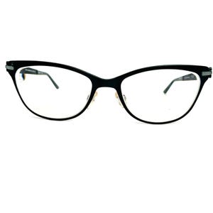 May include: Black cat-eye spectacles with clear lenses. The frames have a sleek, modern design with a subtle curve at the top corners. The temples are thin and extend to the ear pieces. The spectacles have a classic, sophisticated look.