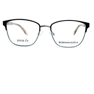 May include: Black and silver-rimmed eyeglasses with a petite fit design. The glasses have a semi-rimless style with a thin silver frame along the bottom and a black frame on top. The brand name BCBGMAXAZRIA is printed on the right lens.