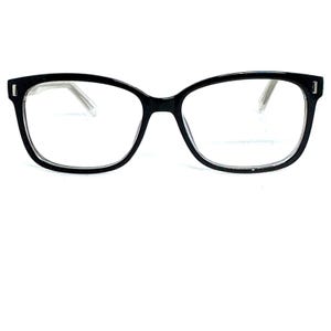 May include: Black-framed eyeglasses with a rectangular shape. The glasses have clear lenses and a glossy finish. The temples are a light color, and the frames have a subtle, modern design. The glasses are suitable for everyday wear.