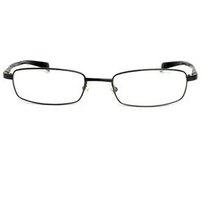 May include: Rectangular eyeglasses with a black metal frame. The lenses are clear, and the temples are also black. The glasses have a minimalist design, suitable for everyday wear. The frame is thin and lightweight.