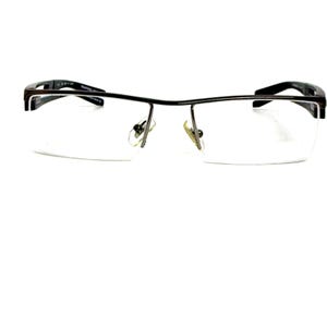 May include: Semi-rimless eyeglasses with a dark brown metal frame and clear lenses. The rectangular lenses are held in place by a thin metal wire along the bottom edge. The temples are dark brown and have a slight curve.
